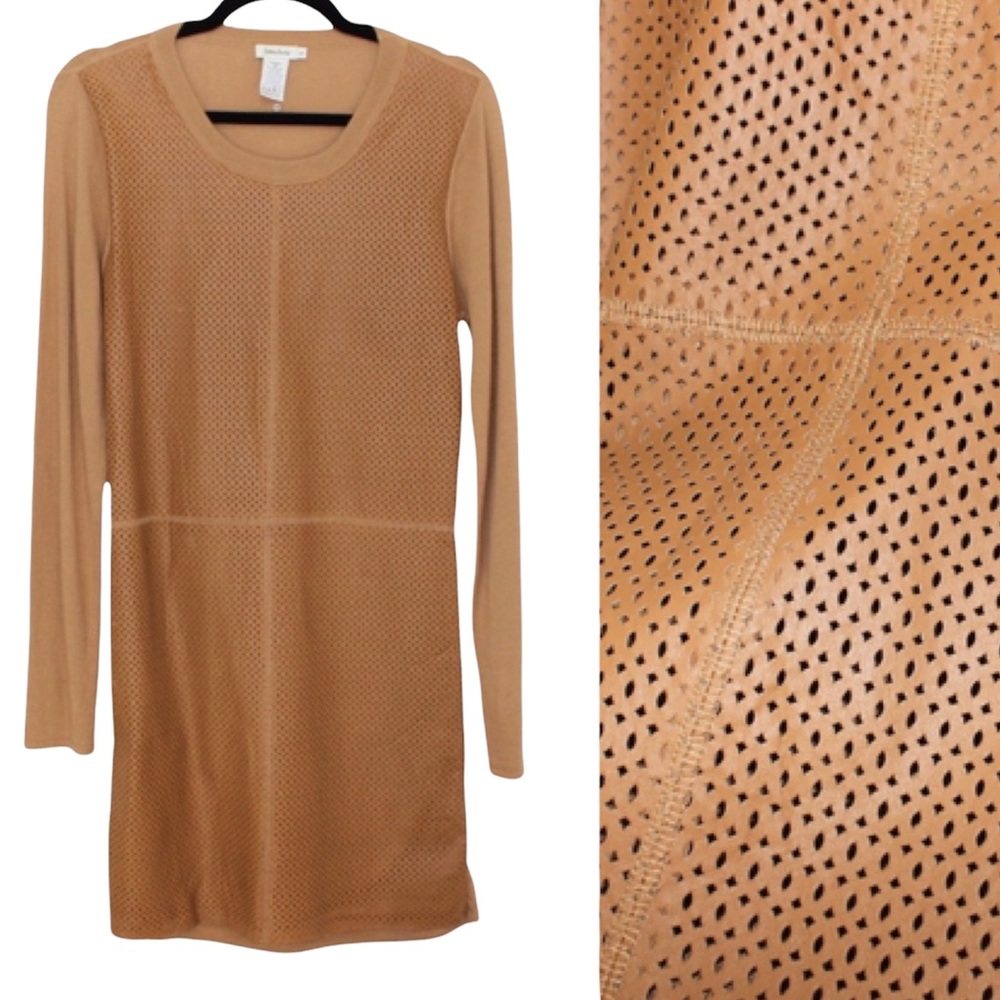 NEIMAN MARCUS Cashmere Leather Brown Diecut Knit Lined Cotton Angora Vintage M